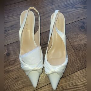 Funny She Jill FSJ Ivory Satin Twist Knot Pointed Toe Slingback Kitten Low Heel